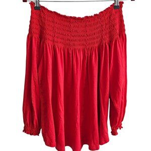 Ralph Lauren Red Smocked Off-Shoulder Breathable Cotton Top